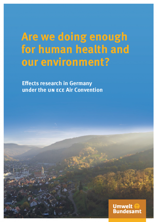 Cover of the brochure "Are we doing enough for human health and our environment?" with a photo of a city in a valley with misky weather