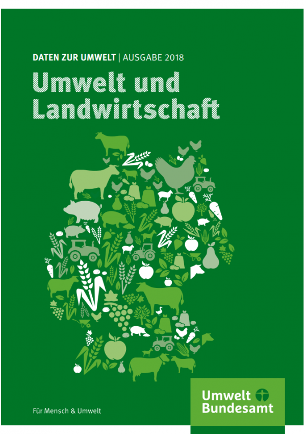 Cover der Broschüre "Daten zur Umwelt, Ausgabe 2018, Umwelt und Landwirtschaft" des Umweltbundesamtes mit Piktogrammen von Nutztieren und anderen landwirtschaftlichen Symbolen, die zusammen den Umriss von Deutschland bilden