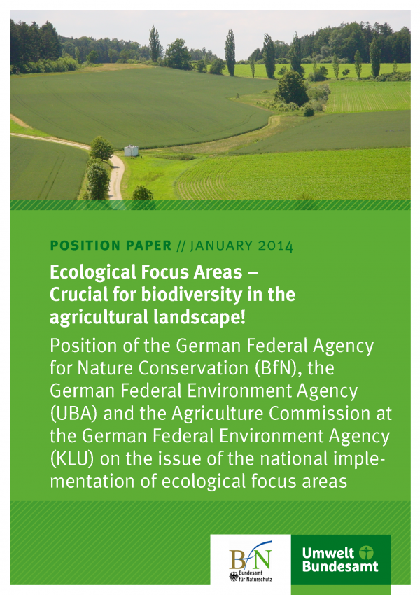 Cover of the position paper "Ecological Focus Areas – Crucial for biodiversity in the agricultural landscape!" with a photo of a landscape with fields, trees, bushes and forest