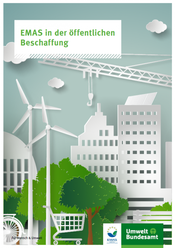 Cover der Broschüre "EMAS in der öffentlichen Beschaffung" mit einem gezeichneten Hintergrundbild einer Stadt, Windkraftanlagen, einem Fahrrad und einem Einkaufswagen. Unten die Logos des Umweltbundesamts und von EMAS