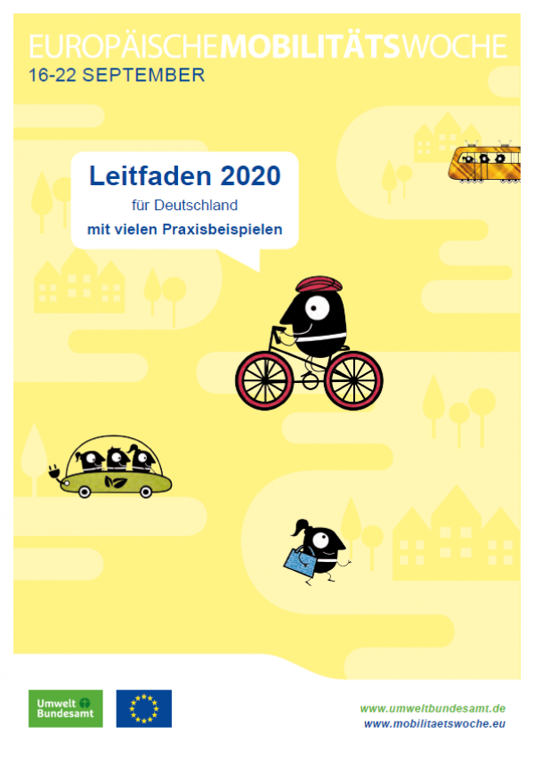 Titelseite des Leitfadens mit Piktogrammen: Menschen in einer Tram und in einem Elektroauto, Fahrradfahrer und Fußgängerin. Unten die Logos des Umweltbundesamtes und der EU