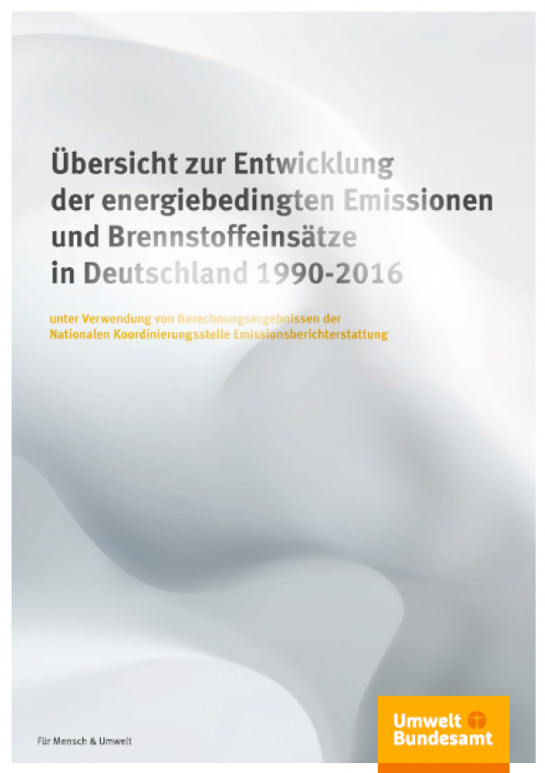 Cover der Publikation "Übersicht zur Entwicklung der energiebedingten Emissionen und Brennstoffeinsätze in Deutschland 1990 – 2014", der Hintergrund zeigt eine künstlerische Verfremdung wabernder Gase, unten das Logo des Umweltbundesamtes