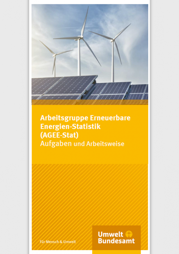 Titelseite des Faltblatt „Arbeitsgruppe Erneuerbare Energien-Statistik (AGEE-Stat)“ mit einem Foto von Windenergie- und Photovoltaikanlagen
