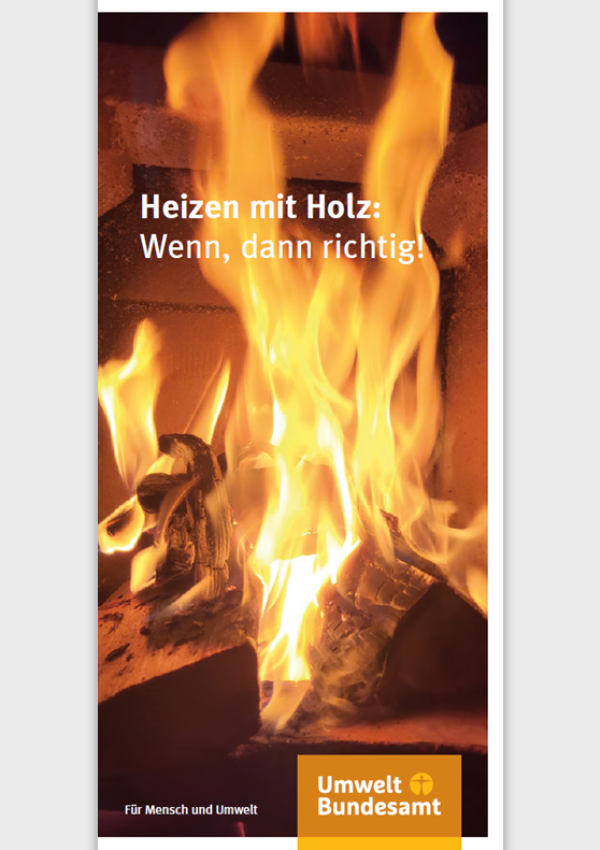 Titelseite des Faltblatts "Heizen mit Holz: Wenn, dann richtig", das Hintergrundbild zeigt brennende Holzscheite, unten das Logo Umweltbundesamt - Für Mensch und Umwelt