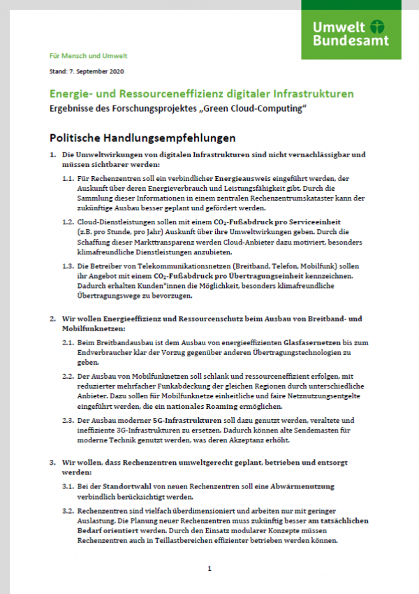 Seite 1 des Papiers "Energie- und Ressourceneffizienz digitaler Infrastrukturen" mit Text, oben das Logo des Umweltbundesamtes