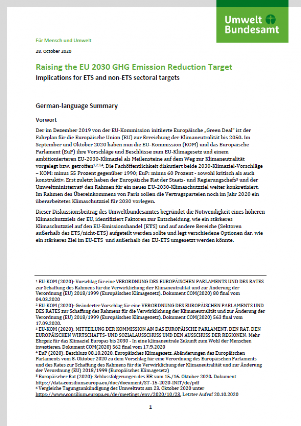 First page of the paper "Raising the EU 2030 GHG Emission Reduction Target" of the German Environment Agency