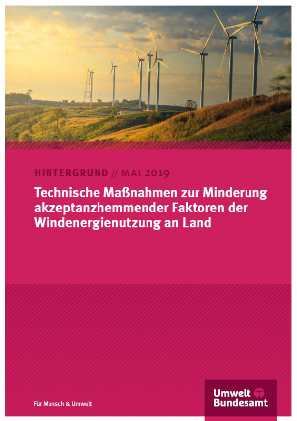 Titelseite des Hintergrundpapiers "Technische Maßnahmen zur Minderung akzeptanzhemmender Faktoren der Windenergienutzung an Land" mit Foto eines Windparks und Logo des Umweltbundesamtes