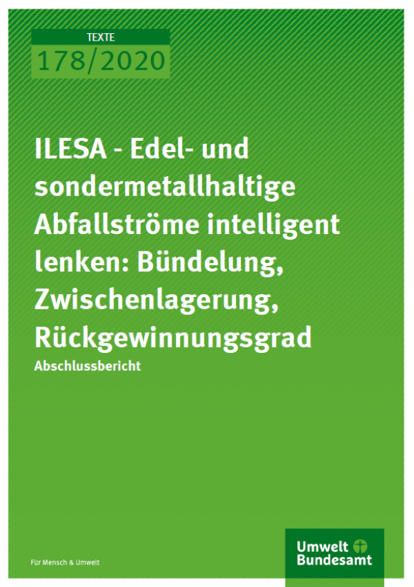 Grüne Titelseite TEXTE-Band 178/2020 "ILESA - Edel- und sondermetallhaltige Abfallströme intelligent lenken: Bündelung, Zwischenlagerung, Rückgewinnungsgrad"  des Umweltbundesamtes