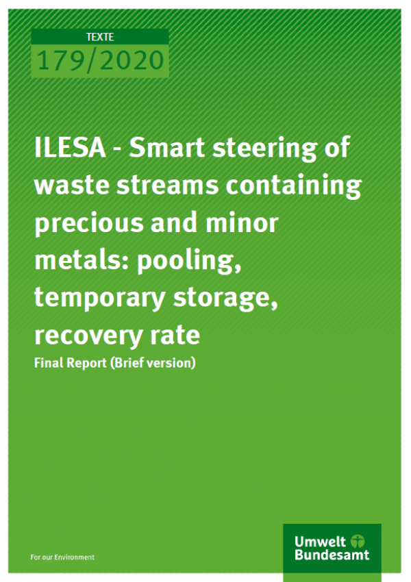 Cover of the publication TEXZTE 179/2020 of the German Environment Agency "ILESA - Smart steering of waste streams containing precious and minor metals: pooling, temporary storage, recovery rate"
