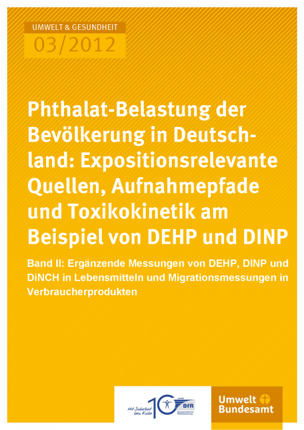 Publikation:Phthalat-Belastung der Bevölkerung in Deutschland: Expositionsrelevante Quellen, Aufnahmepfade und Toxikokinetik am Beispiel von DEHP und DINPBand II: Ergänzende Messungen von DEHP, DINP und DiNCH in Lebensmitteln und Migrationsmessungen