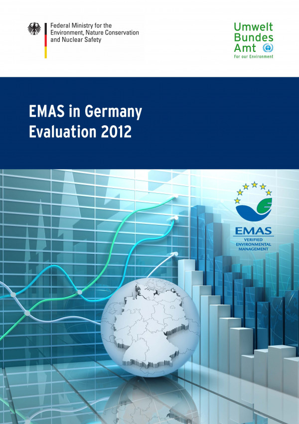 Cover of the brochure "EMAS in Germany - Evaluation 2012", on the cover a map of Germany, diagrams and the logos of the Federal Environment Ministry, the Federal Environment Agency and EMAS