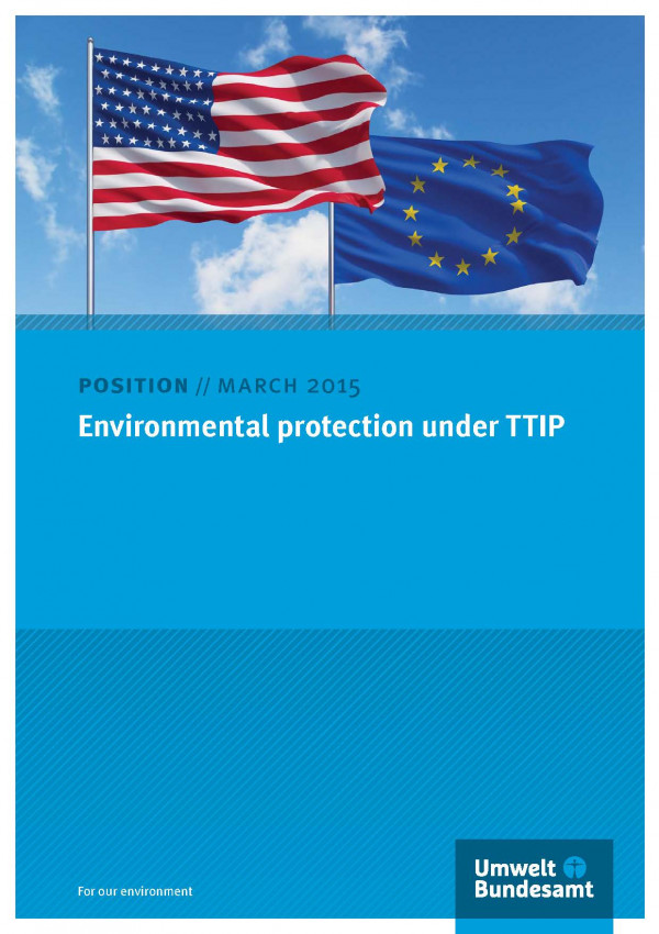 Cover of the position paper "Environmental protection under TTIP" with a photo of a flag of the USA and a flag of the European Union