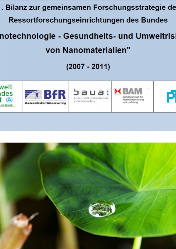 Cover der Publikation Cover Nanotechnologie - Gesundheits- und Umweltrisiken von Nanomaterialien (2007 - 2011) mit einem Foto von einem Lotoseffekt: an einem Blatt perlt ein Tropfen ab, ohne es nass zu machen