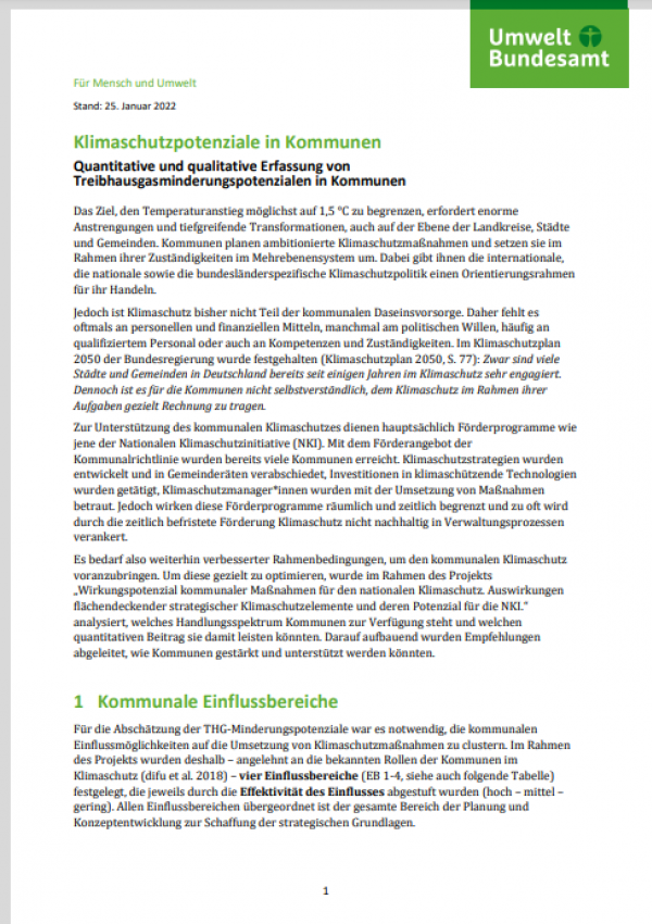 erste Seite des Dokuments "Klimaschutzpotenziale in Kommunen", oben das Logo des Umweltbundesamtes