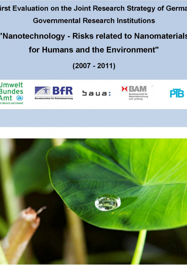 Cover of the publication "Nanotechnology - Risks related to Nanomaterials for Humans and the Environment" with a photo of a lotus effect on a leaf of a plant