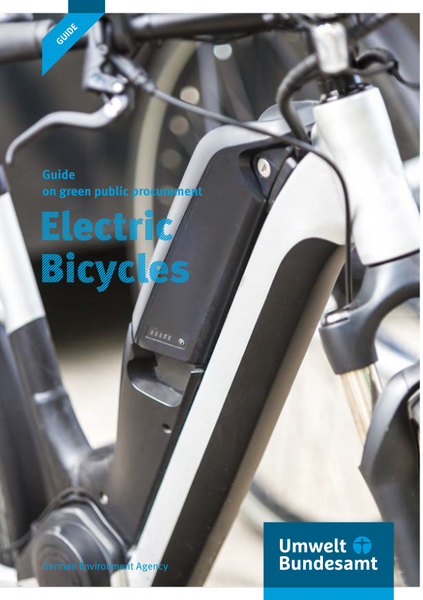 Cover of the brochure "Guide on green public procurement: Electric Bicycles" with a photo of an electric bicycle and the logo of the German Environment Agency