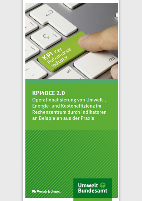Faltblatt mit dem Titel "", Das Titelfoto zeigt eine Tastatur mit der Taste "KPI Key Performance Indicator", ein Finger betätigt die Taste. Unten das Logo des Umweltbundesamtes und der Spruch "Für Mensch & Umwelt"