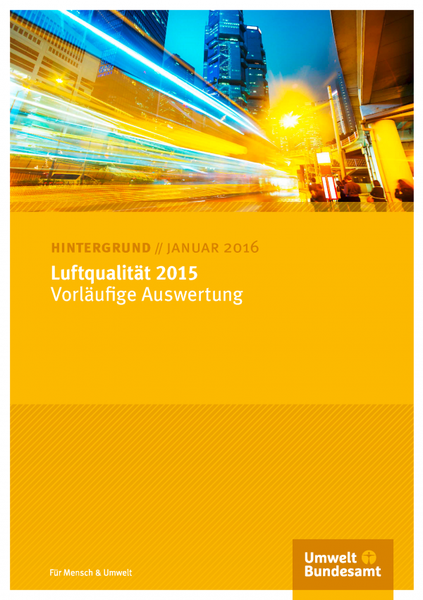 Titelblatt der Broschüre "Luftqualität 2015 - Vorläufige Auswertung" mit einem futuristsischen Bild einer Stadt, durch die ein Zug rast