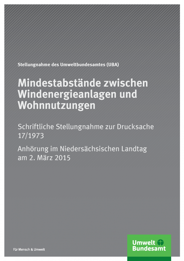 graues Cover der Publikation "Mindestabstände zwischen Windenergieanlagen und Wohnnutzungen" mit dem Logo des Umweltbundesamtes