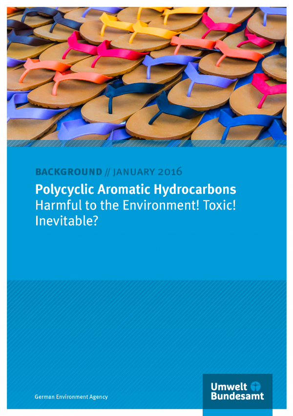 cover of the background paper "Polycyclic Aromatic Hydrocarbons - Harmful to the Environment! Toxic! Inevitable?" with a photo of plastic flip-flops