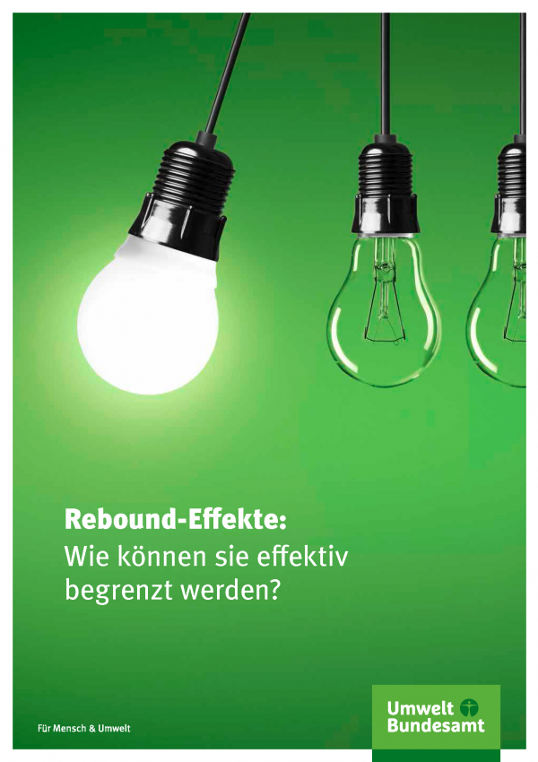 Cover des Handbuchs "Rebound-Effekte: Wie können sie effektiv begrenzt werden?" mit einem Bild einer leuchtenden Energiesparlampe, die an ihrer Fassung gegen zwei ausgeschaltete Glühlampen schwingt