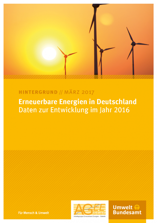 Titelseite des Hintergrundpapiers "Erneuerbare Energien in Deutschland - Daten zur Entwicklung im Jahr 2016" vom März 2017 mit einem Bild von Windkraftanlagen im Morgen-oder Abendrot