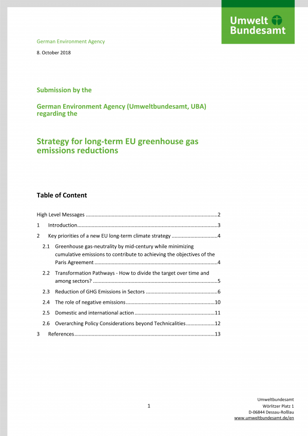 Titelseite der Publikation "Strategy for long-term EU greenhouse gas emissions reductions"