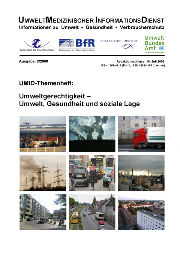Cover der Zeitschrift UMID 02/2008 "Umweltgerechtigkeit" mit Fotos aus Städten mit viel Luftverschmutzung, Verkehr und Lärm