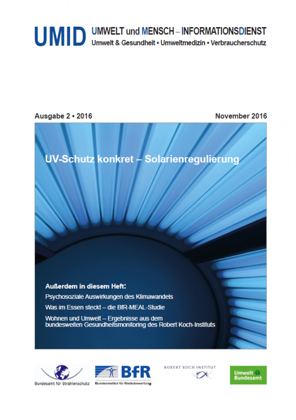Cover der Zeitschrift UMID 02/2016 mit dem Titel "UV-Schutz konkret – Solarienregulierung" und einem Foto einer Innenansicht eines Solariums