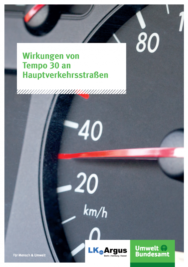 Titelseite der Broschüre Wirkungen von Tempo 30 an Hauptverkehrsstraßen, das Hintergrundbild zeigt einen Tachometer, der 30 anzeigt