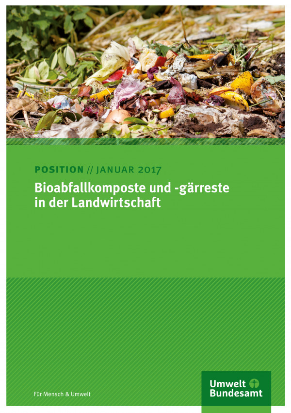 Cover der Publikation "Entwicklung von Instrumenten zur Vermeidung von Lebensmittelabfällen"Bioabfallkomposte und -gärreste in der Landwirtschaft" - weiße Schrift auf grünem Grund