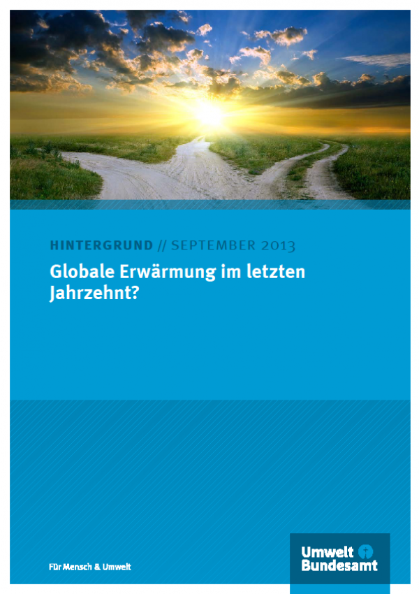Titelbild des Hintergrundpapiers "Globale Erwärmung im letzten Jahrzent?" mit blauem Hintergrund und einem Sonnenaufgang über drei sich kreuzenden Wegen