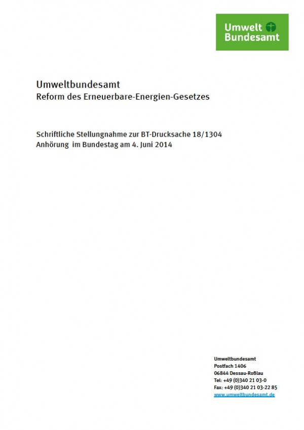 Cover Schriftliche Stellungnahme zur BT-Drucksache 18/1304 Anhörung im Bundestag am 4. Juni 2014