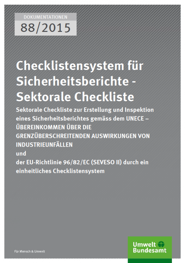 Cover Dokumentationen 88/2015 Checklistensystem für Sicherheitsberichte - Sektorale Checkliste