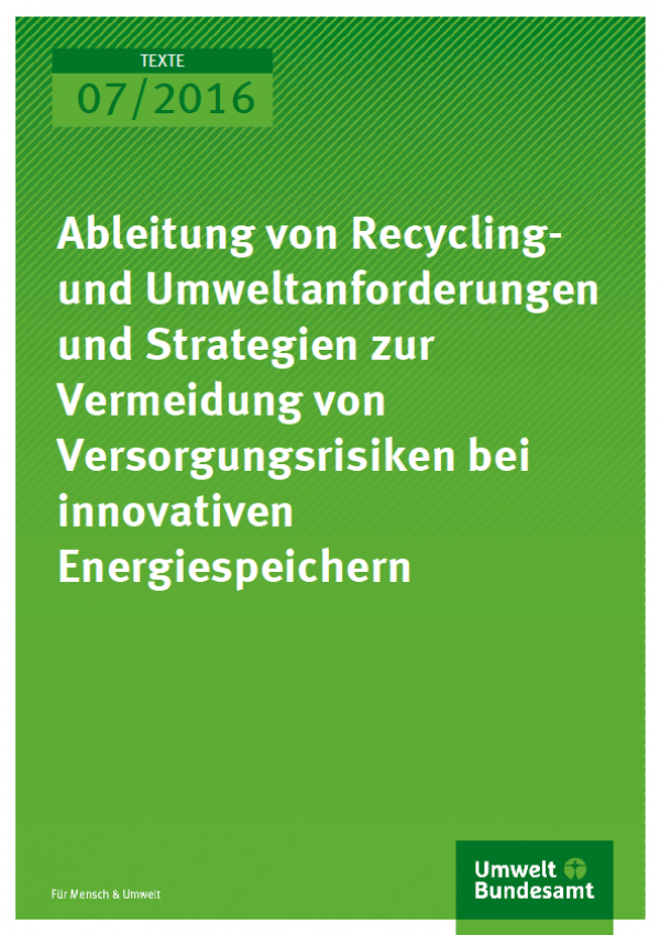 Cover Texte 07/2016 Ableitung von Recyclingund Umweltanforderungen und Strategien zur Vermeidung von Versorgungsrisiken bei innovativen Energiespeichern