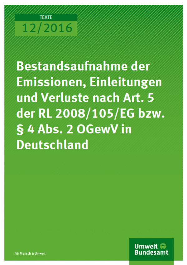 Cover Texte 12/2016 Bestandsaufnahme der Emissionen, Einleitungen und Verluste nach Art. 5 der RL 2008/105/EG bzw. § 4 Abs. 2 OGewV in Deutschland