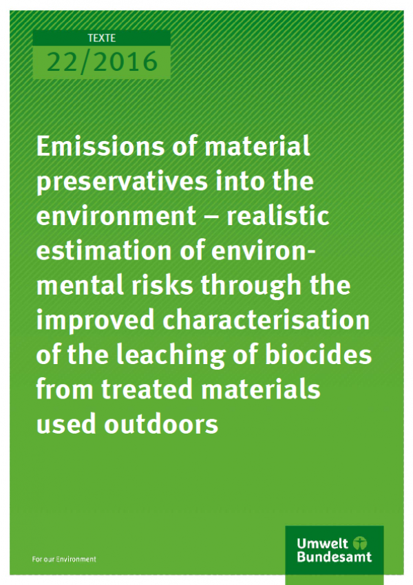 Cover Texte 22/2016 Emissions of material preservatives into the environment – realistic estimation of environmental risks through the improved characterisation of the leaching of biocides from treated materials used outdoors