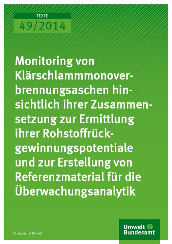 Cover Texte 49/2014 Monitoring von Klärschlammmonover-brennungsaschen hin-sichtlich ihrer Zusammen-setzung zur Ermittlung ihrer Rohstoffrück-gewinnungspotentiale und zur Erstellung von Referenzmaterial für die Überwachungsanalytik