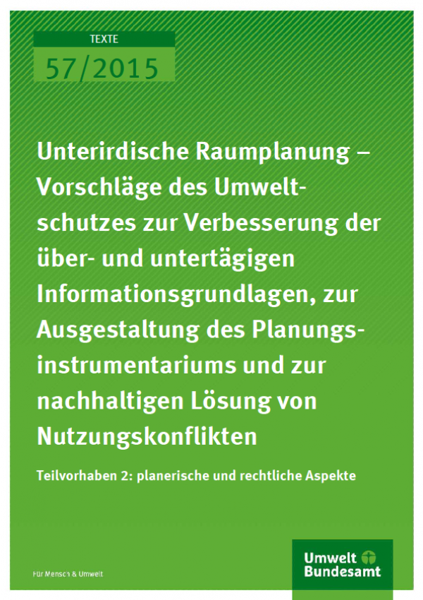 Cover Texte 57/2015 Unterirdische Raumplanung – Vorschläge des Umweltschutzes zur Verbesserung der überund untertägigen Informationsgrundlagen, zur Ausgestaltung des Planungsinstrumentariums und zur nachhaltigen Lösung von Nutzungskonflikten