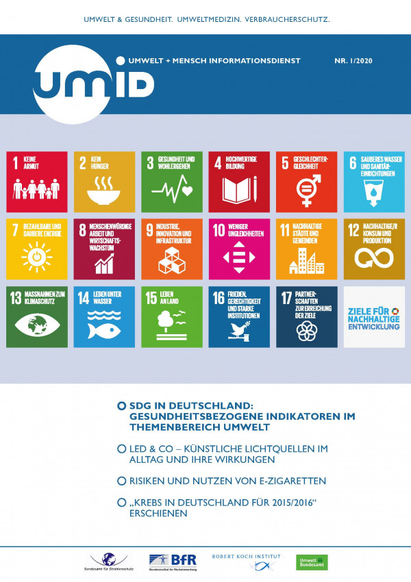 Titelseite der Publikation UMID, Umwelt + Mensch Informationsdienst, Ausgabe 1/2020 mit Piktogrammen der 17 Ziele für nachhaltige Entwicklung der Vereinten Nationen