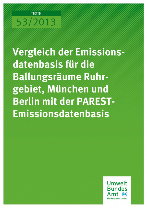 Cover Texte 53/2013 Vergleich der Emissionsdatenbasis für die Ballungsräume Ruhrgebiet, München und Berlin mit der PAREST-Emissionsdatenbasis