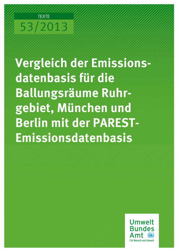 Cover Texte 53/2013 Vergleich der Emissionsdatenbasis für die Ballungsräume Ruhrgebiet, München und Berlin mit der PAREST-Emissionsdatenbasis