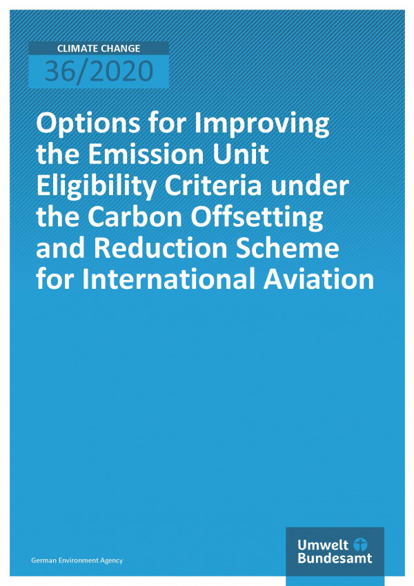 Cover of publication Climate Change 36/2020 Options for Improving the Emission Unit Eligibility Criteria under the Carbon Offsetting and Reduction Scheme for International Aviation