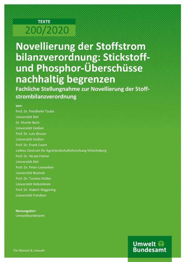Cover der Publikation TEXTE 200/2020 Novellierung der Stoffstrombilanzverordnung: Stickstoff- und Phosphor-Überschüsse nachhaltig begrenzen