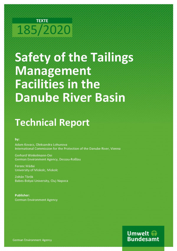 Cover of publication TEXTE 185/2020 Safety of the Tailings Management Facilities in the Danube River Basin
