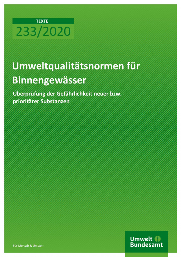 Cover der Publikation TEXTE 233/2020 Umweltqualitätstnormen für Binnengewässer: Überprüfung der Gefährlichkeit neuer bzw. prioritärer Substanzen 