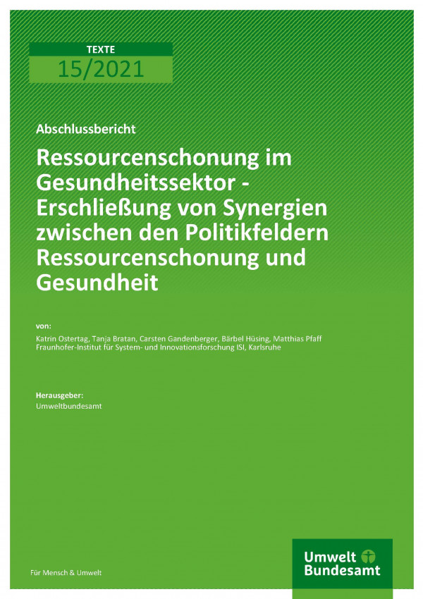 Cover der Publikation TEXTE 15/2021 Gesundheitssektor - Erschließung von Synergien zwischen den Politikfeldern Ressourcenschonung und Gesundheit