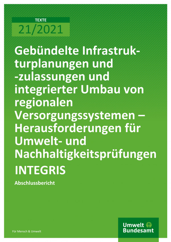 Cover der Publikation TEXTE 21/2021 Gebündelte Infrastrukturplanungen und -zulassungen und integrierter Umbau von regionalen Versorgungssystemen - Herausforderungen für Umwelt- und Nachhaltigkeitsprüfungen INTEGRIS