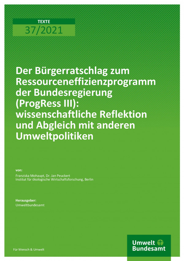 Cover der Publikation TEXTE 37-2021 Der Bürgerratschlag zum Ressourceneffizienzprogramm der Bundesregierung (ProgRess III): wissenschaftliche Reflektion und Abgleich mit anderen Umweltpolitiken