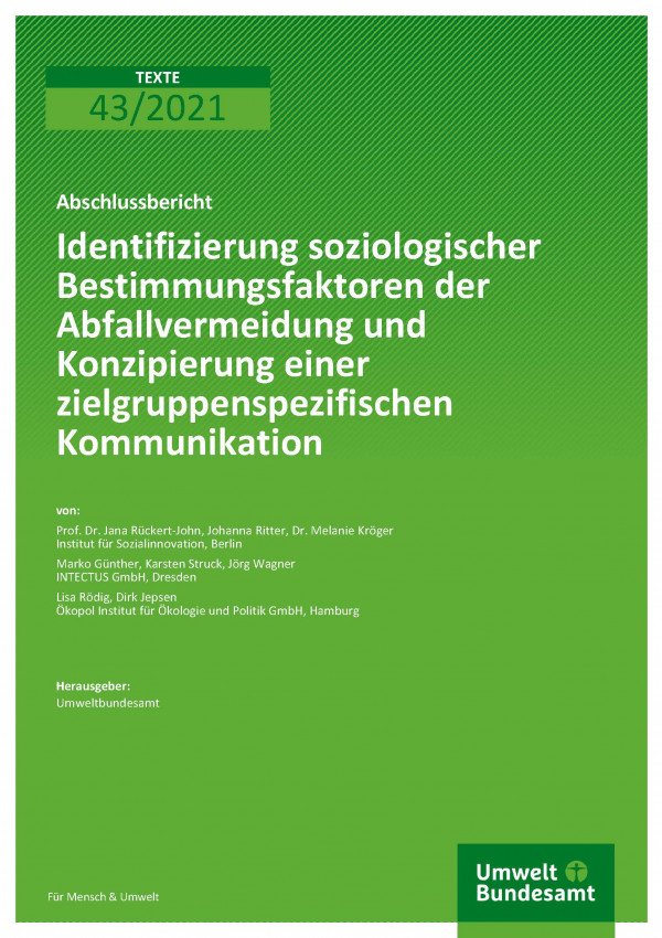 Titelseite der Publikation TEXTE 43/2021 Identifizierung soziologischer Bestimmungsfaktoren der Abfallvermeidung und Konzipierung einer zielgruppenspezifischen Kommunikation